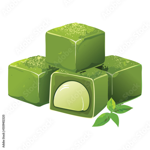 Matcha chocolate dessert cube with white filling - vector illustration
