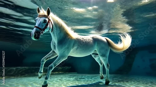 Majestic white horse underwater