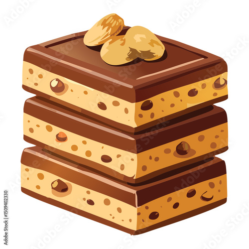 Layered dessert chocolate bar with crunchy walnuts - vector illustration