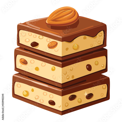 Layered dessert chocolate bar with almond - vector illustration