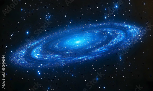 Swirling blue galaxy with bright center surrounded by a vast expanse of sparkling stars on a black background