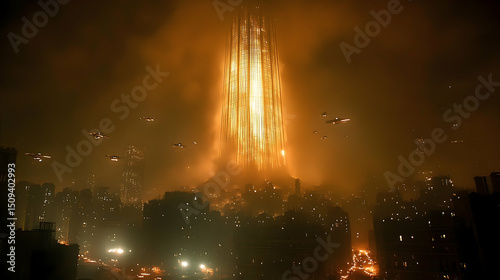 Glowing futuristic skyscraper rises above the city in a dystopian world, amidst foggy, orange-tinted skies