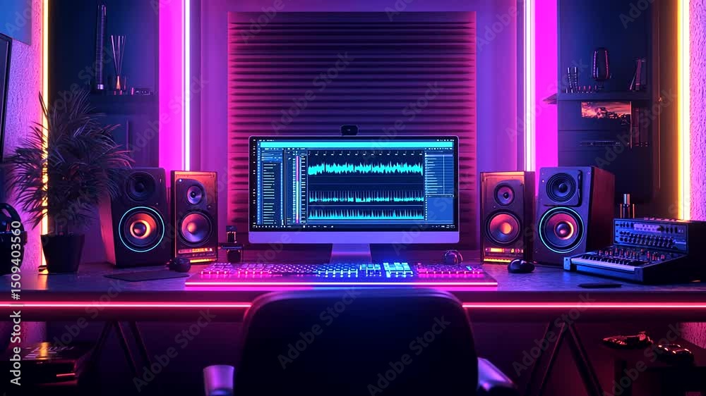 Neon-Lit Modern Music Production Studio Setup Neon-Lit Modern Music Production Studio Setup