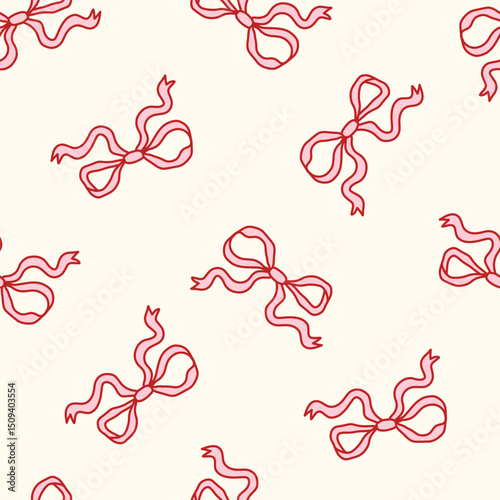 Seamless coquette pattern with hand-drawn red bows on soft cream background. Feminine, romantic and playful aesthetic. Perfect for textiles, wallpaper, packaging and girly decor. Vector illustration