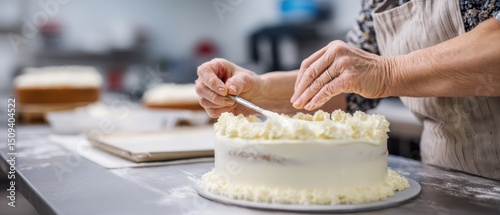 Senior woman decorating a delicious cake with white frosting in a bright kitchen Concept of baking, homemade desserts, and culinary arts