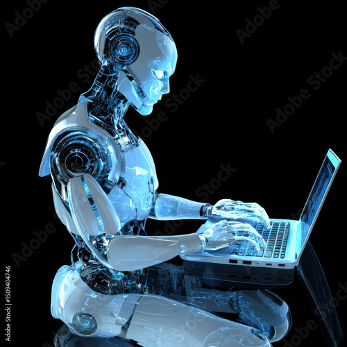 Kneeling humanoid robot with exposed mechanical parts working on laptop in futuristic environment.