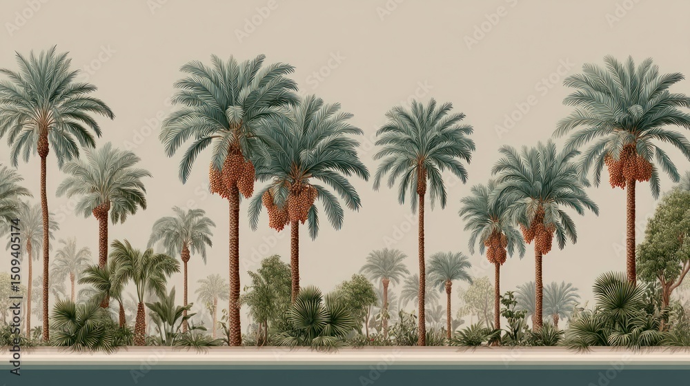 Fototapeta premium Tropical Palm Tree Oasis Landscape Exotic Botanical Illustration Wall Decor Vintage Style