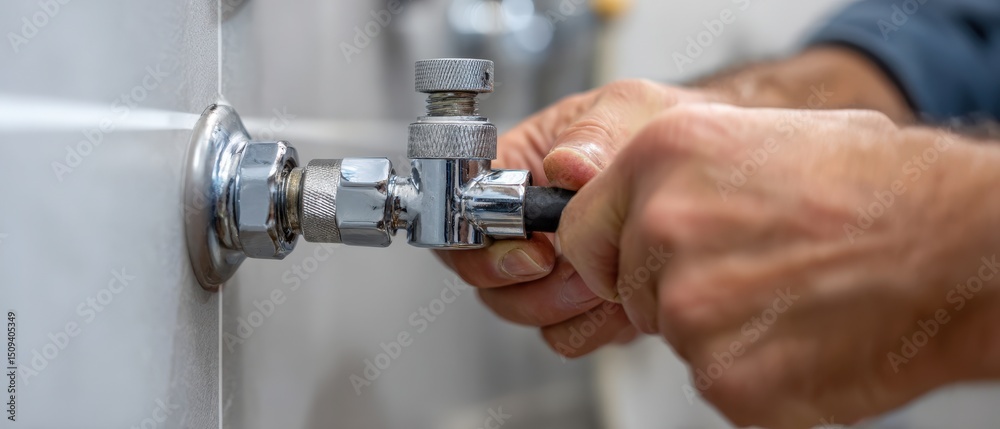 Adult Caucasian man connecting flexible water pipe to chrome shutoff valve in bathroom Plumbing repair and maintenance concept Adult Caucasian man connecting flexible water pipe to chrome shutoff valve in bathroom Plumbing repair and maintenance concept