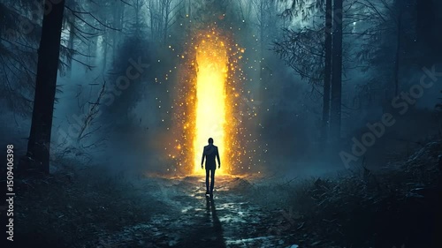 Mysterious forest path, person, portal, glowing light, adventure