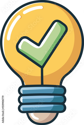 3D Lightbulb with check mark. Quick tips. Creative idea and solution for busines. Glowing lamp with a tick.Brainstorm concept. Cartoon creative design icon isolated on a white background. 3D Rendering
