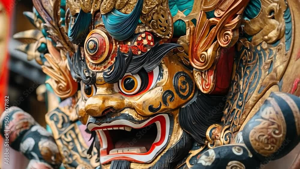 Ornate Tibetan mask, temple facade detail, vibrant colors, intricate carvings