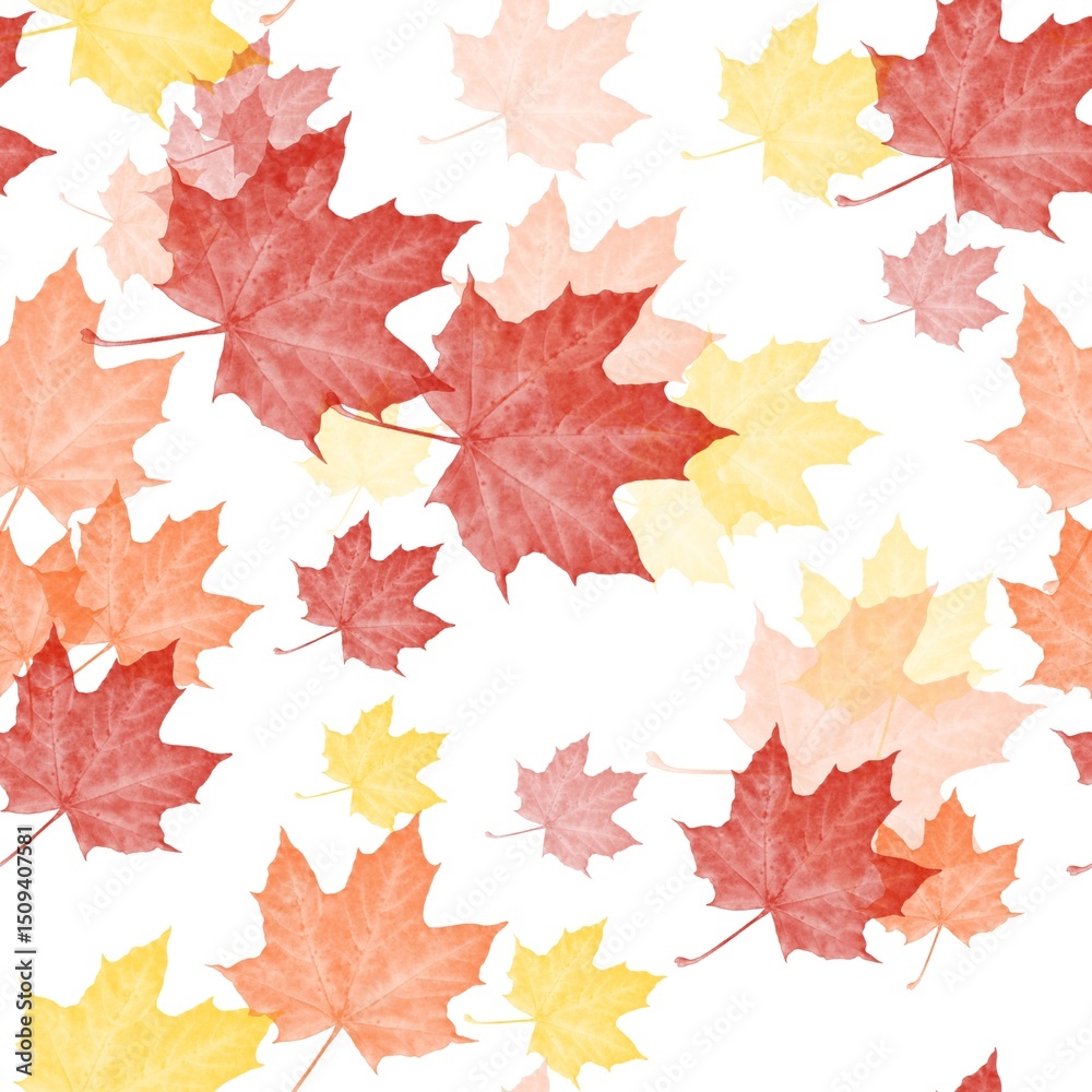 Fototapeta premium Seamless pattern of autumn yellow, orange, red maple leaves on a white background 