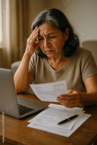 Wallpaper Mural Stressed Older Hispanic Woman Bills Laptop Financial Struggle Torontodigital.ca