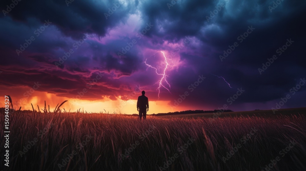 Fototapeta premium Dramatic Lightning in a Vibrant Sunset Sky with a Silhouette Figure