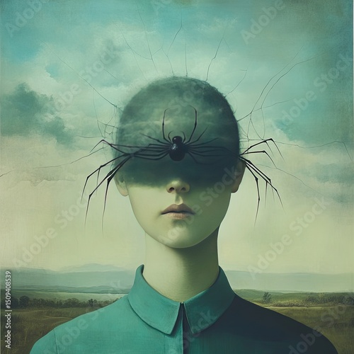 Surreal portrait with spider obscuring a face, against a cloudy skyscape backdrop