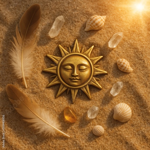 Golden Sun Amulet on Sand with Crystals, Feathers and Shells - Spiritual Boho Flat Lay for Metaphysical and Nature-Inspired Concepts