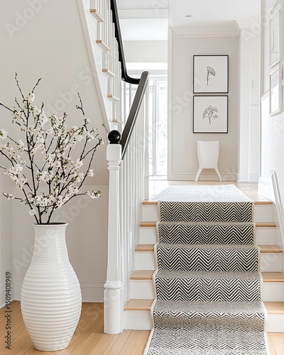 Bright hallway featuring stairs with floral prints and flower vase