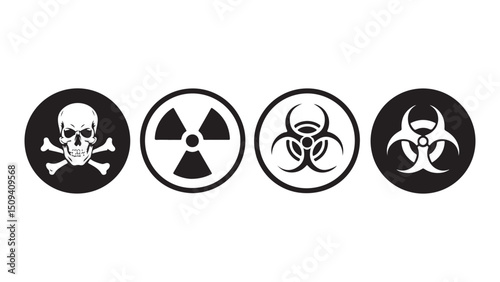 Black and white round nuclear radiation symbol of peace icon set, a vector illustration of a toxic, danger warning sign