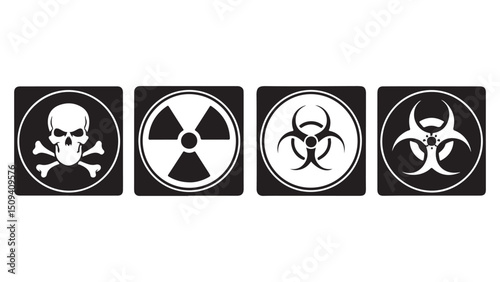 Black and white round nuclear radiation symbol of peace icon set, a vector illustration of an abstract background with people, danger warning sign