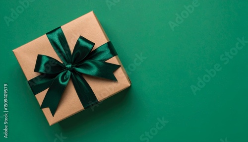 top view of a kraft paper gift box tied with a dark green velvet ribbon