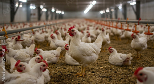 A large group of white chickens in a poultry farm with feeding system and artificial lighting system