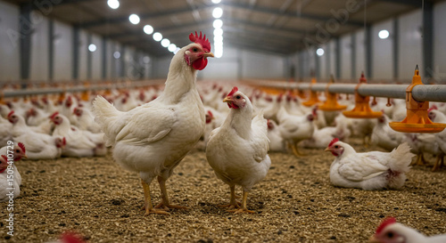 A large group of white broiler chickens in a poultry farm with feeding equipment and indoor lighting