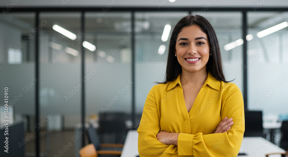 Portrait of a smiling woman in a yellow shirt with arms crossed in a modern office setting indoors Portrait of a smiling woman in a yellow shirt with arms crossed in a modern office setting indoors