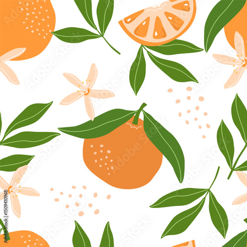 Seamless orange fruit pattern on a white background. Vector illustration for printing. Background with food and drinks. Cute baby background 
