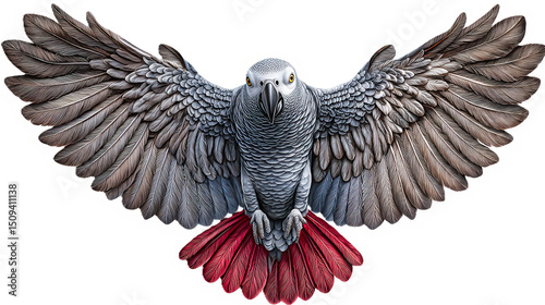 Isolated African Grey Parrot with Wings Outstretched 