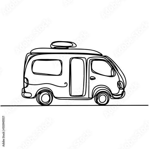 Single line drawing of a minimalistic camper van parked on a flat road against a simple white background, travel concept of tourism or outdoor adventure