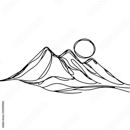 Minimalist line art of mountains with a rising sun against a clean white background, abstract design concept for modern home decor or art studios