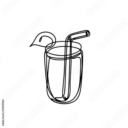 Minimalistic line art of a refreshing beverage in a glass with a straw, on a white background, concept of cafes or beverage shops