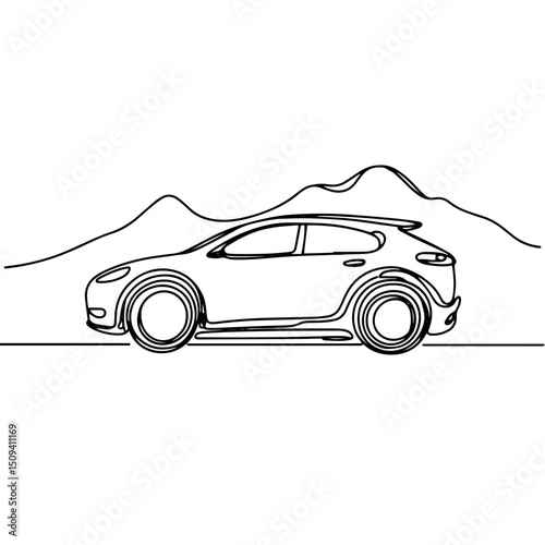 Minimalist line art of a sleek car driving through mountainous terrain, showcasing modern automotive design in a clean black-and-white style, concept of automotive design, transportation, art