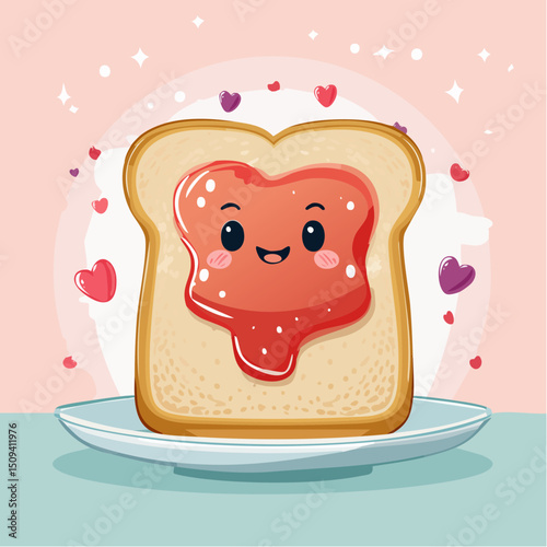 A charming vector image of golden toast with a jam smiley face, styled with playful warmth and a soft, photo-real finish.