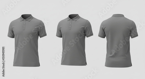 Three gray polo shirts displayed on a white background showing front and back views of the garment