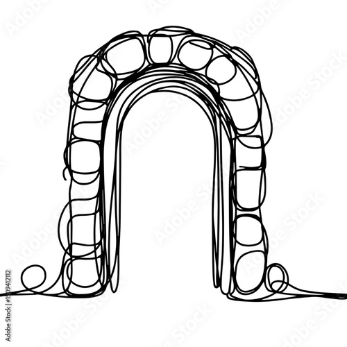Abstract line art of an archway structure with flowing curves and intricate details on a minimalist white background, modern concept of architecture or design.