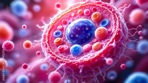 Explore the Detailed Anatomy of an Animal Cell with Focus on Organelles and Their Functions and copy space for text
