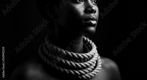 A monochrome portrait of a woman with a rope around her neck against a dark black background art