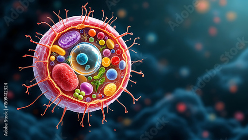 Explore the Detailed Anatomy of an Animal Cell with Focus on Organelles and Their Functions and copy space for text
