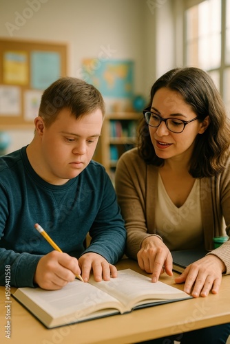 Young Man Down Syndrome Studying Special Educator
