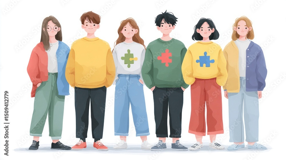 Obraz premium Group of Diverse Individuals Wearing Colorful Outfits with Puzzle Piece Designs Symbolizing Un