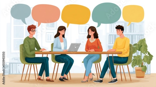 Group Discussion with Speech Bubbles Four Individuals Collaborating Around a Table in an Offic