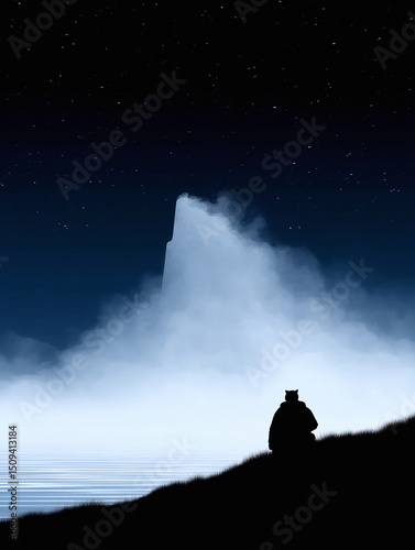 Solitary figure silhouetted against a misty, nocturnal seascape, gazing at a mysterious, fogshrouded cliff under a starlit sky.  Evokes themes of contemplation, mystery, and the vastness of nature. photo