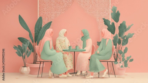 Four women in hijabs enjoying a casual gathering around a table surrounded by plants and soft