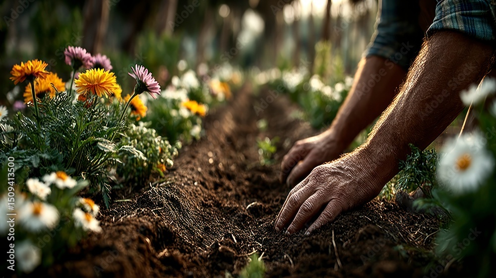 Fototapeta premium Gardening Hands Tending to Vibrant Flowers in a Lush Garden CloseUp of Careful Planting and C