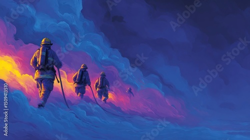 Firefighters in Action Battling Flames Under a Dramatic Sky with Vibrant Colors and Dynamic Cl