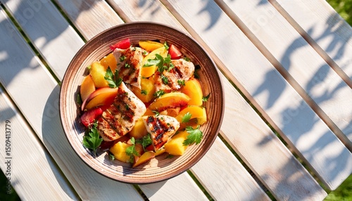 juicy peach salsa with grilled chicken shot top down on rustic plate against bright summer picnic table light