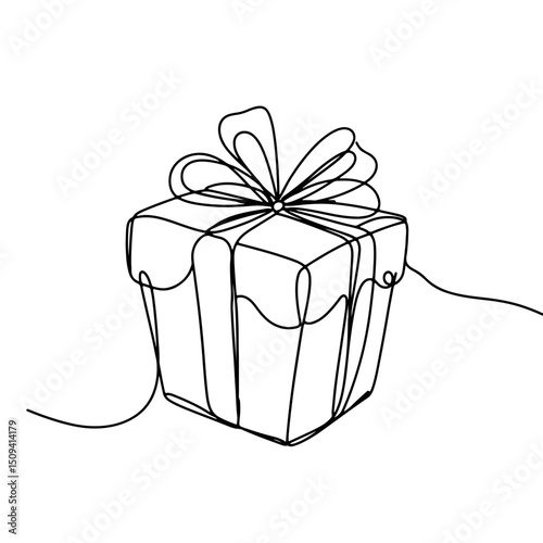 Line art illustration of a wrapped gift box with a bow, minimalist style, against a plain white background, concept of gift shops or decoration stores