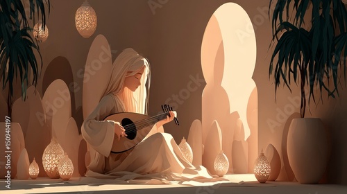 Enchanting Musician in a Mystical Setting with Luminous Lanterns and Serene Atmosphere
