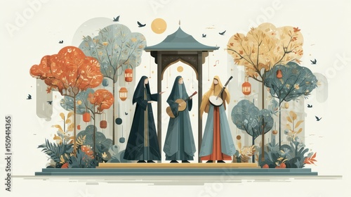 Enchanted Garden Gathering Three Figures in Robes with Musical Instruments Amidst Trees and La